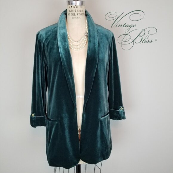 Anne Klein Rich Green Velvet Open Front 3/4 Length Sleeve Blazer * Medium - Picture 1 of 11